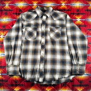 Vintage Wrangler Pearl Snap Plaid Shirt XL Gray Long Sleeve Western Rodeo Cowboy